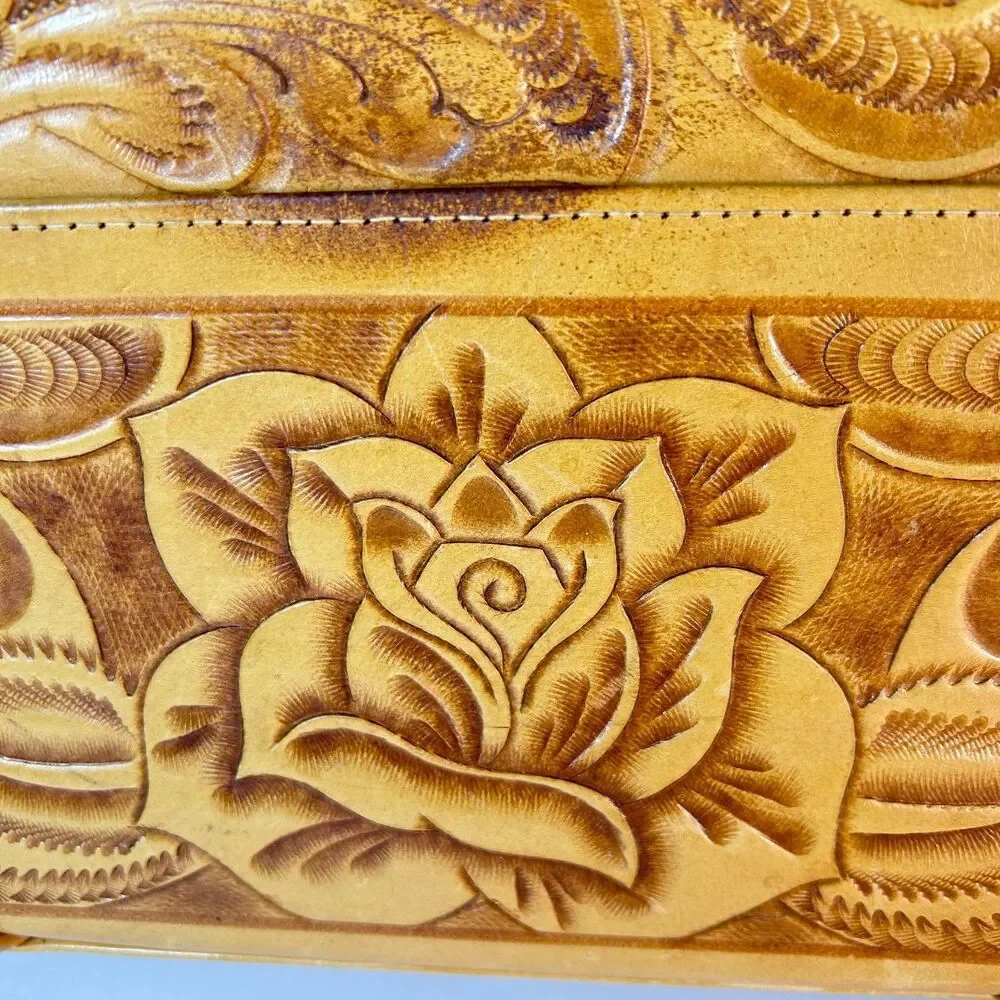 Mexican Tan Leather Rose Detail Tooled Vintage 50-60s Satchel Handbag